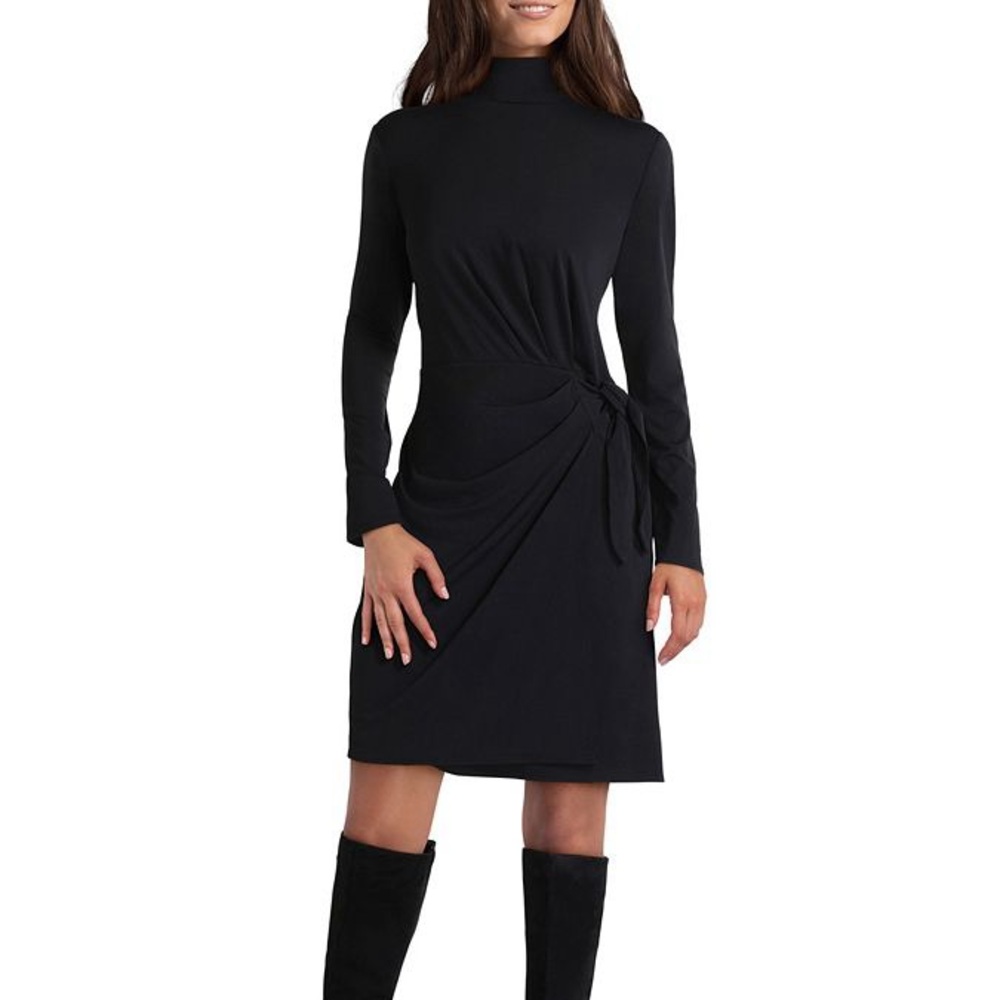H Halston Black Turtleneck Faux Wrap Jet Set Jersey Dress Womens Large